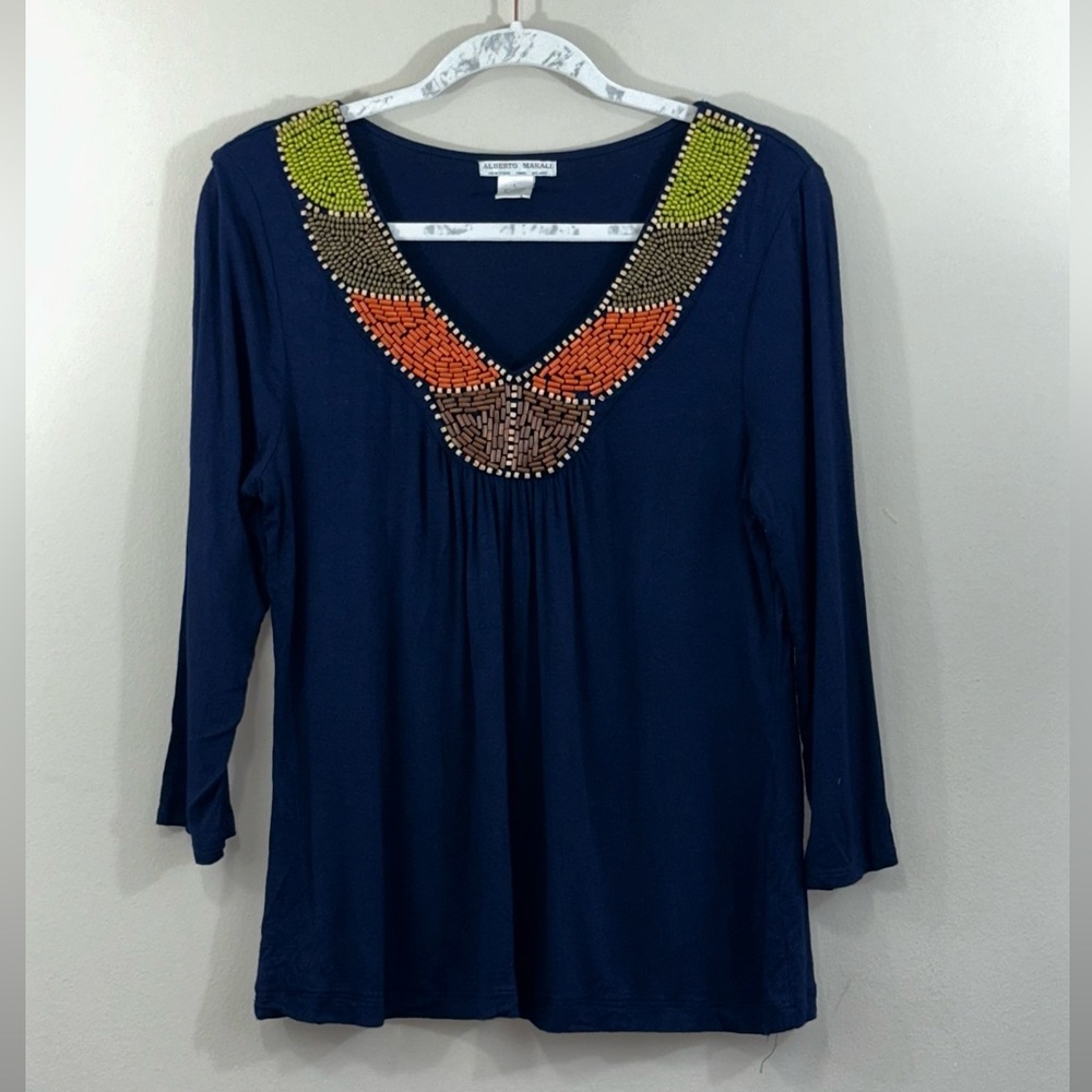 Alberto Makali Navy Blouse with Colorful Embellishments
